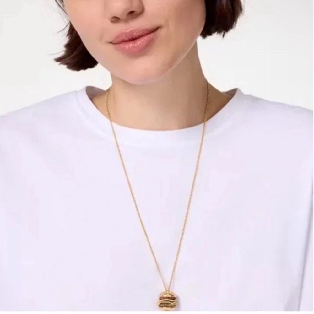 Kate Spade fast food burger 12k gold plated CZ crystal pendant necklace NWT